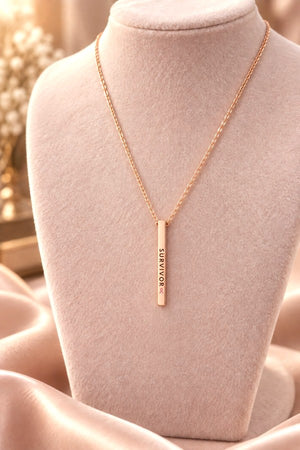 SURVIVOR PINK RIBBON BAR DROP PENDANT NECKLACE