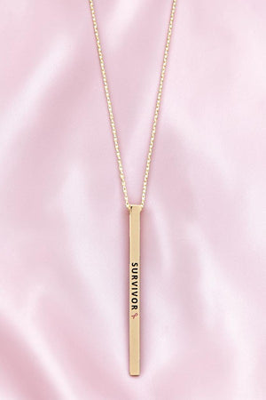 SURVIVOR PINK RIBBON BAR DROP PENDANT NECKLACE
