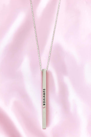 SURVIVOR PINK RIBBON BAR DROP PENDANT NECKLACE