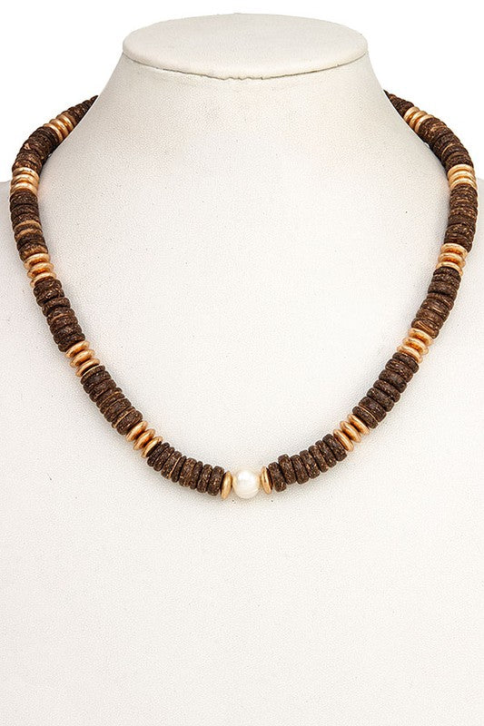 PEARL WOOD DISK BEAD NECKLACE