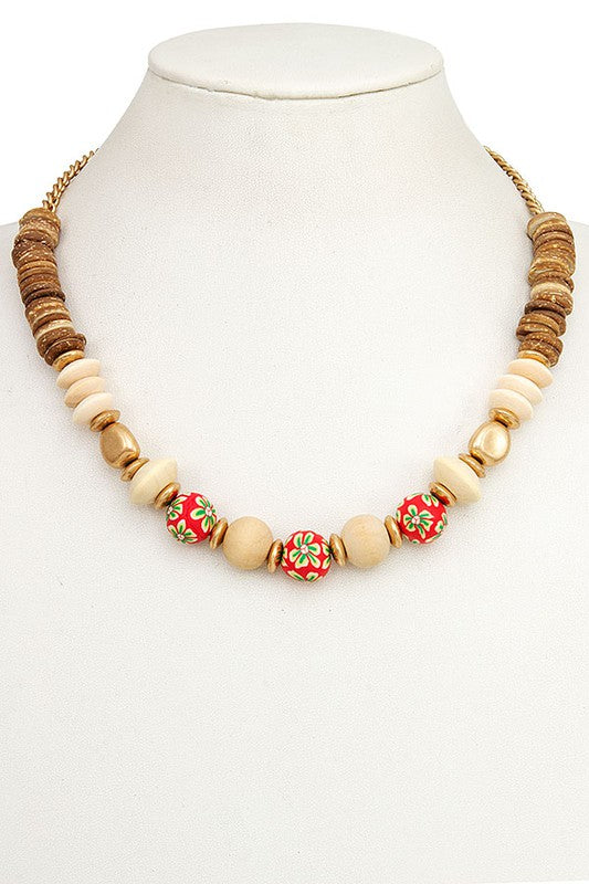 FLORAL WOOD BEAD COLLAR NECKLACE