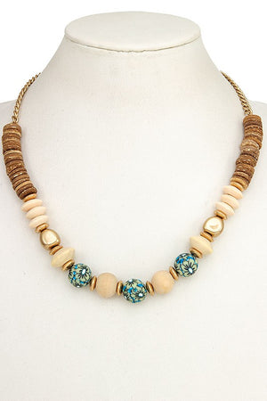 FLORAL WOOD BEAD COLLAR NECKLACE