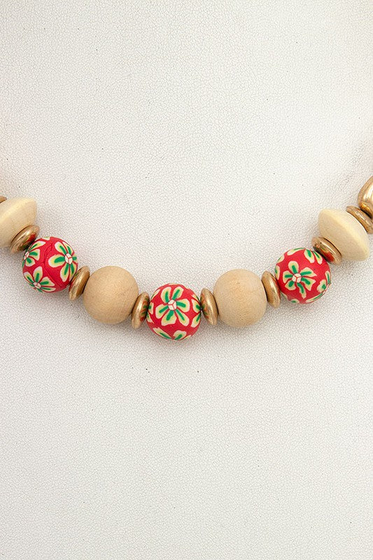 FLORAL WOOD BEAD COLLAR NECKLACE