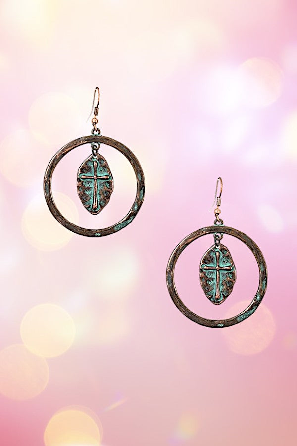 ETCHED CROSS DANGLE CIRCLE EARRING