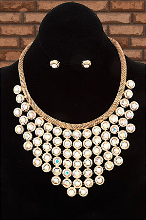 ROUND CRYSTAL GEM FRAMED BIB NECKLACE SET