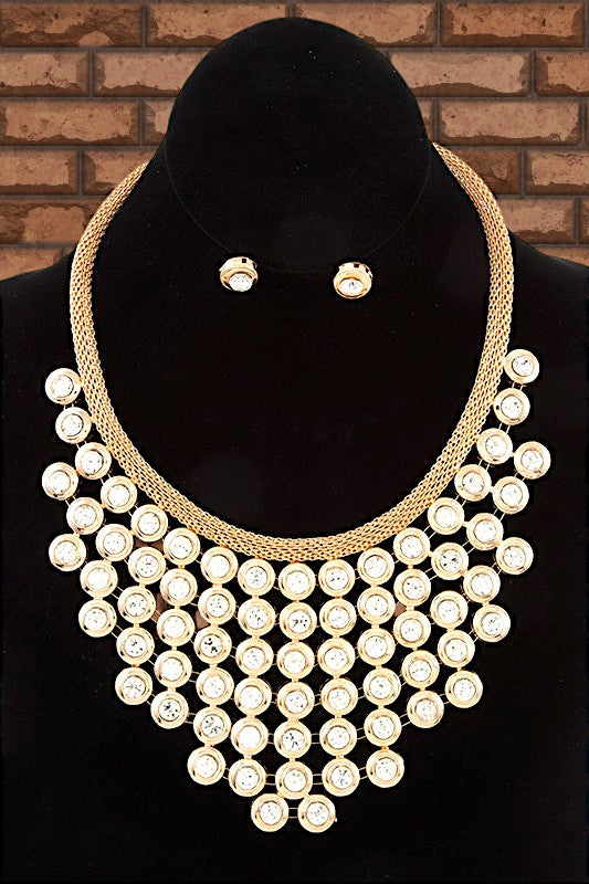 ROUND CRYSTAL GEM FRAMED BIB NECKLACE SET