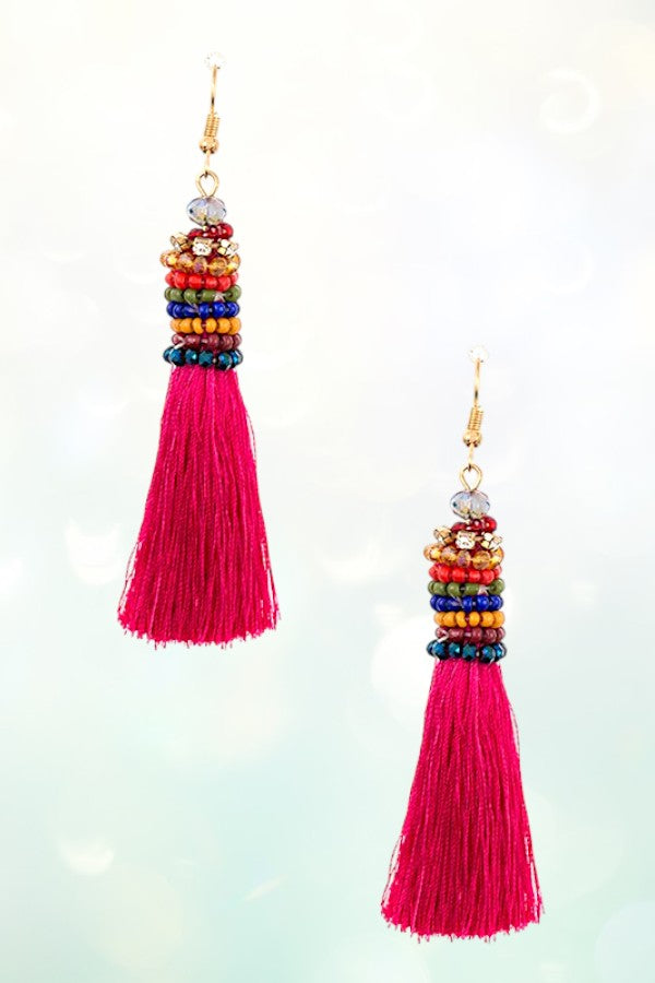 RHINESTONE AND BEAD ACCENT DROP TASSEL EARRING
