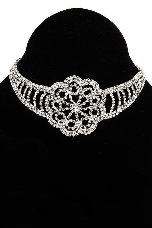 FLORAL ORNATE RHINESTONE PAVE CHOKER NECKLACE