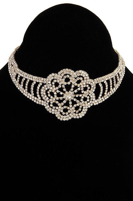 FLORAL ORNATE RHINESTONE PAVE CHOKER NECKLACE