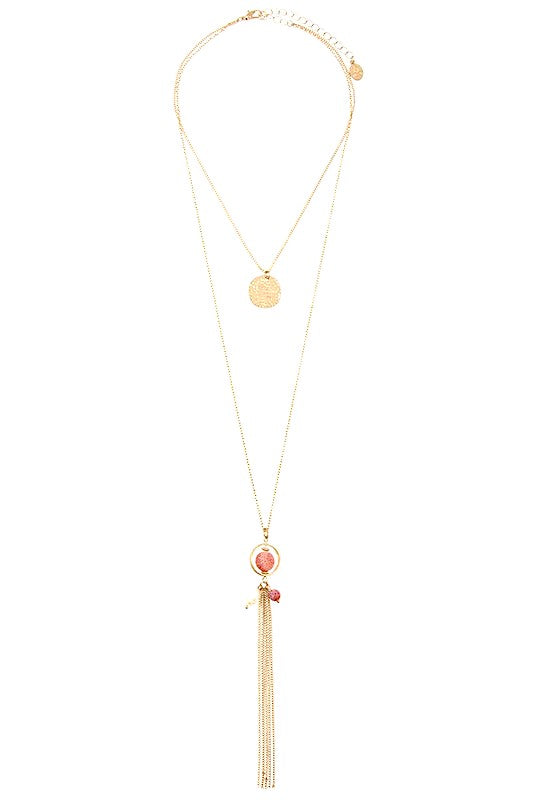 FAUX GEM OBLONG TASSEL NECKLACE