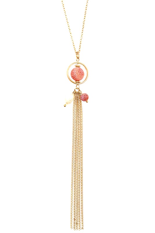 FAUX GEM OBLONG TASSEL NECKLACE