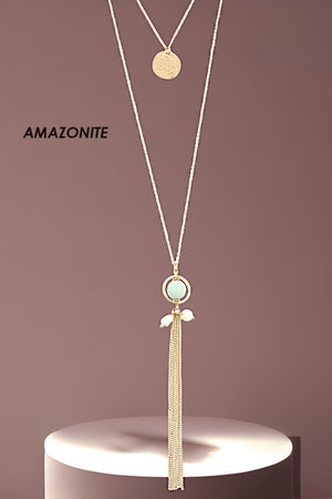 FAUX GEM OBLONG TASSEL NECKLACE