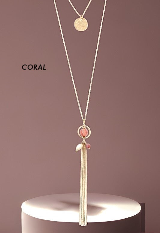 FAUX GEM OBLONG TASSEL NECKLACE