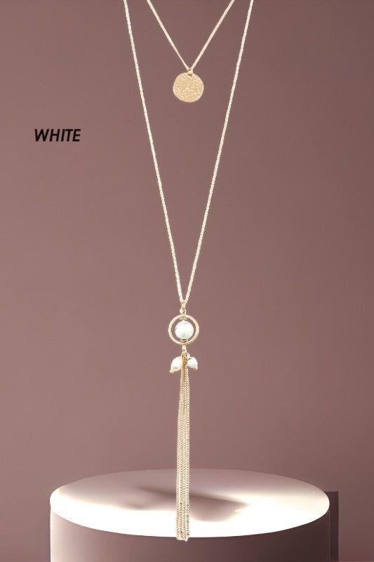 FAUX GEM OBLONG TASSEL NECKLACE