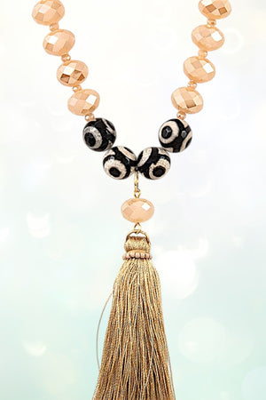 ELONGATED FACETED BEAD TASSEL NECKLACE SET