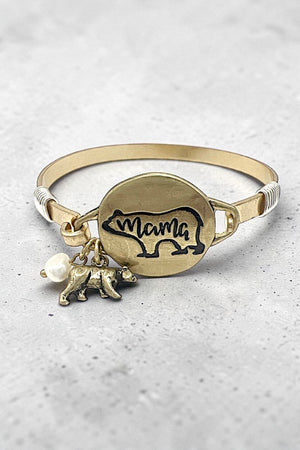 MAMA BEAR ETCHED DISK BEAR PEARL DANGLE BANGLE BRACELET