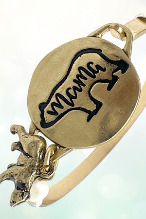MAMA BEAR ETCHED DISK BEAR PEARL DANGLE BANGLE BRACELET
