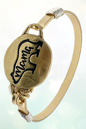 MAMA BEAR ETCHED DISK BEAR PEARL DANGLE BANGLE BRACELET