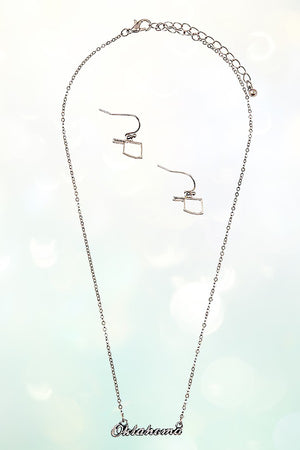 OKLAHOMA STATE LETTERED PENDANT NECKLACE AND STATE SHAPE EARRING SET