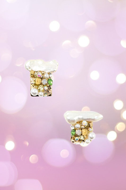 Faceted Gem Pearl Accent Post Earring