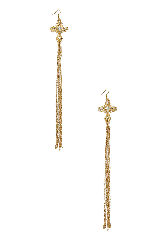 Elaborated Cross Chain Tassel Earring