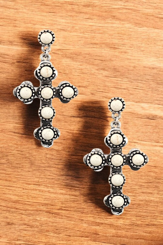 ROUND GEM PAVE CROSS DANGLE EARRING