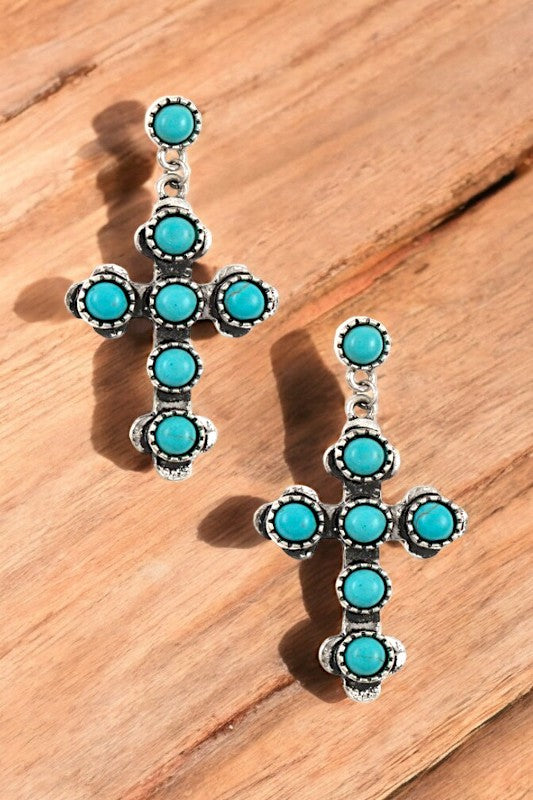 ROUND GEM PAVE CROSS DANGLE EARRING