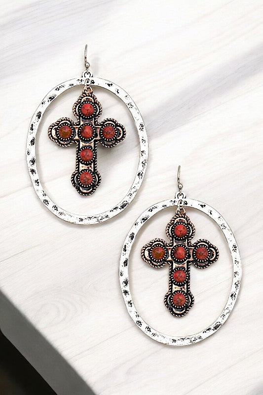 ETCHED CROSS OVAL LINK DANGLE EARRING