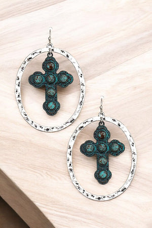 ETCHED CROSS OVAL LINK DANGLE EARRING