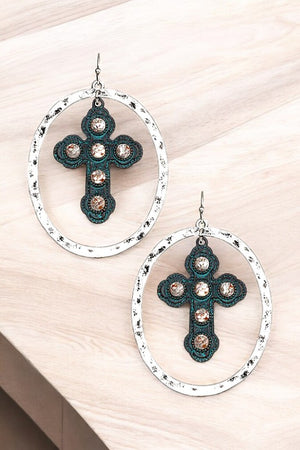 ETCHED CROSS OVAL LINK DANGLE EARRING