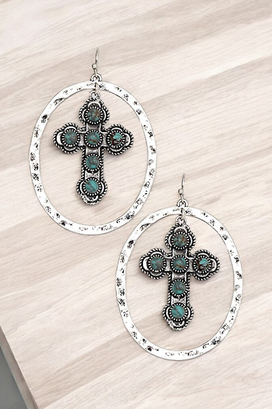 ETCHED CROSS OVAL LINK DANGLE EARRING