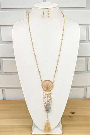 ROUND WOVEN THREAD BEAD TASSEL LONG NECKLACE SET