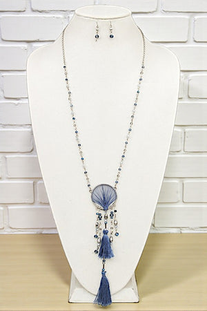 ROUND WOVEN THREAD BEAD TASSEL LONG NECKLACE SET