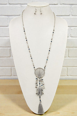 ROUND WOVEN THREAD BEAD TASSEL LONG NECKLACE SET