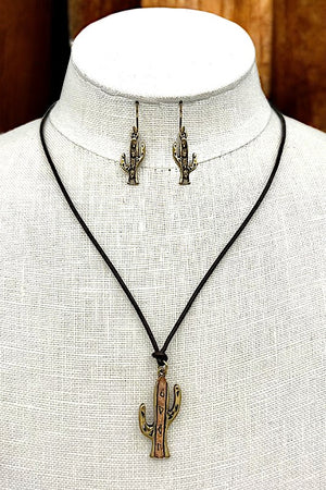 Faux Leather Cord Cactus Pendant Necklace Set