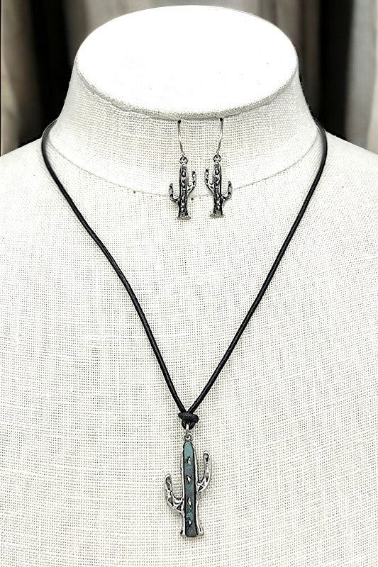 Faux Leather Cord Cactus Pendant Necklace Set