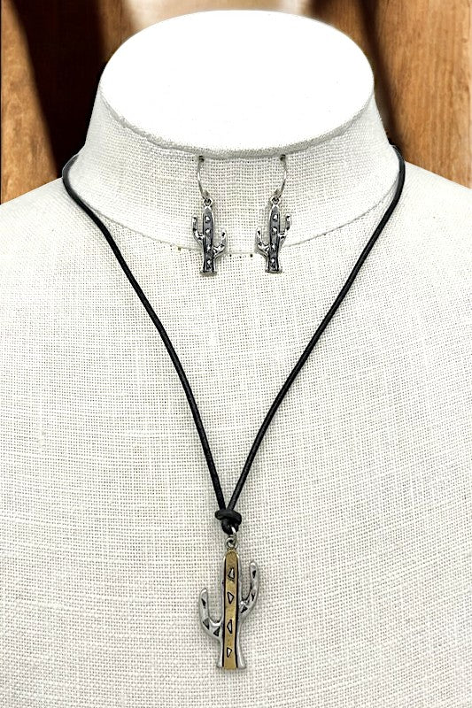 Faux Leather Cord Cactus Pendant Necklace Set