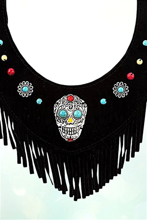 FAUX SUEDE SKULL ACCENT FRINGE BIB NECKLACE SET