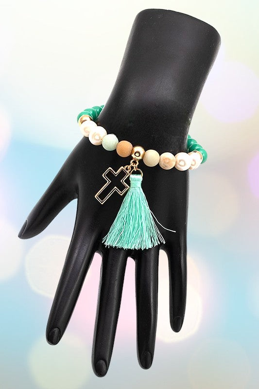 CROSS TASSEL BEAD BRACELET