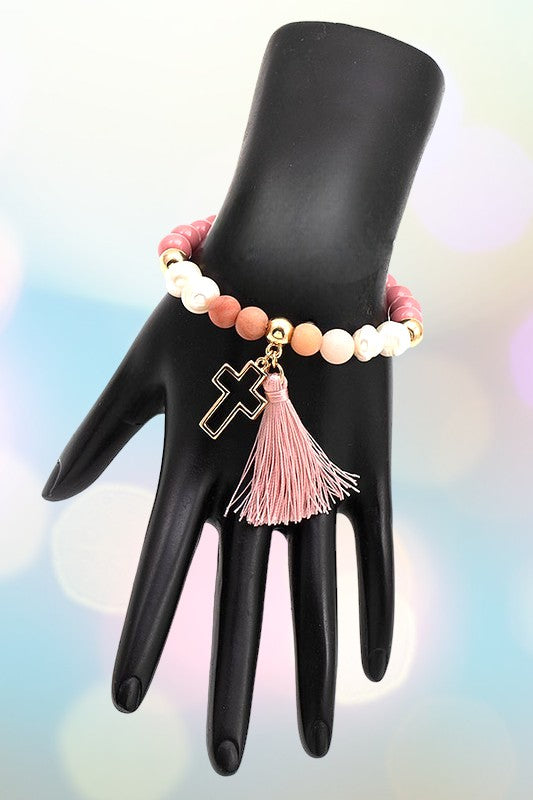 CROSS TASSEL BEAD BRACELET