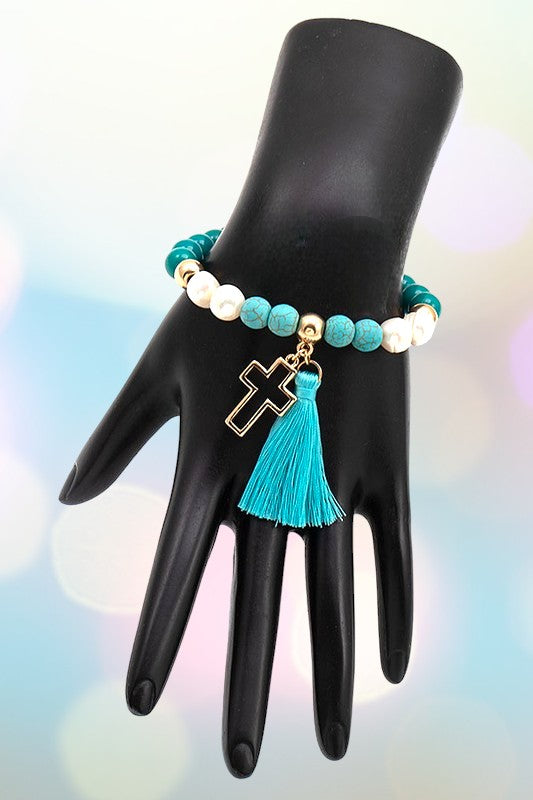 CROSS TASSEL BEAD BRACELET