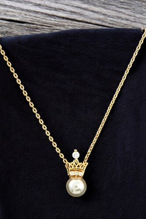 CZ STONE CROWN PEARL PENDANT NECKLACE