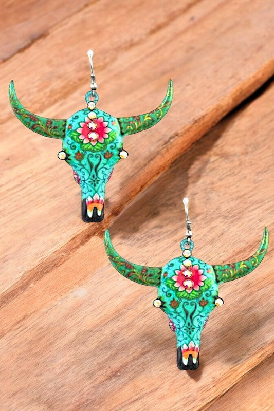 FLOWER ACCENT LARGE BULL DANGLE EARRING