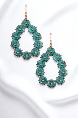 ROUND ETCHED FAUX GEM FLORAL DANGLE EARRING