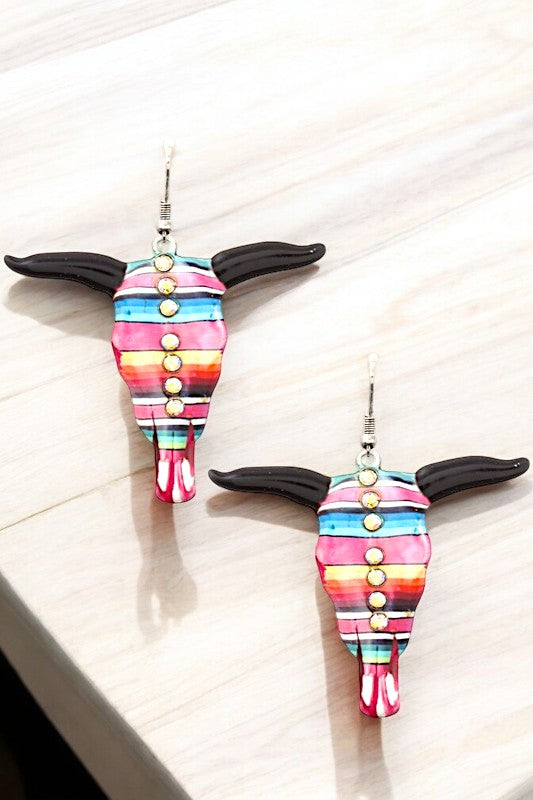 MIX COLOR PATTERN LARGE BULL DANGLE EARRING