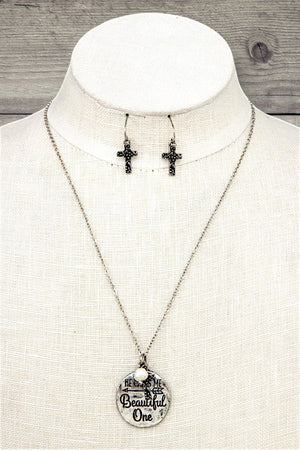BEAUTIFUL MESSAGE ETCHED COIN PENDANT NECKLACE CROSS EARRING SET