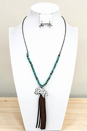 WESTERN FLORAL BEAR PENDANT TASSEL NECKLACE AND EARRING SET