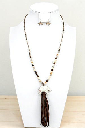 WESTERN FLORAL BEAR PENDANT TASSEL NECKLACE AND EARRING SET