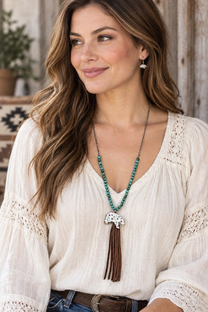 WESTERN FLORAL BEAR PENDANT TASSEL NECKLACE AND EARRING SET