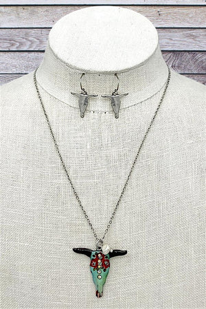 Bull Head Pendant Necklace Set